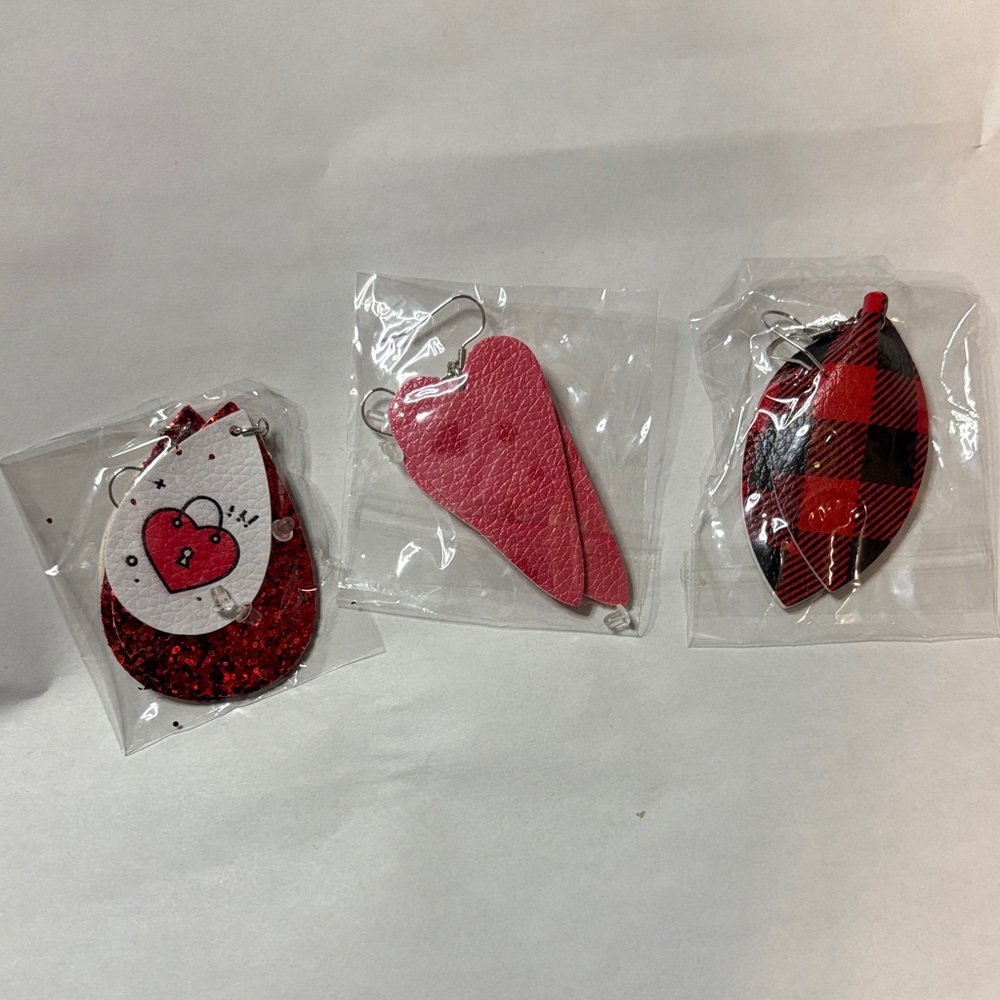 Set of Three, Heart, Plaid Faux Leather Earrings